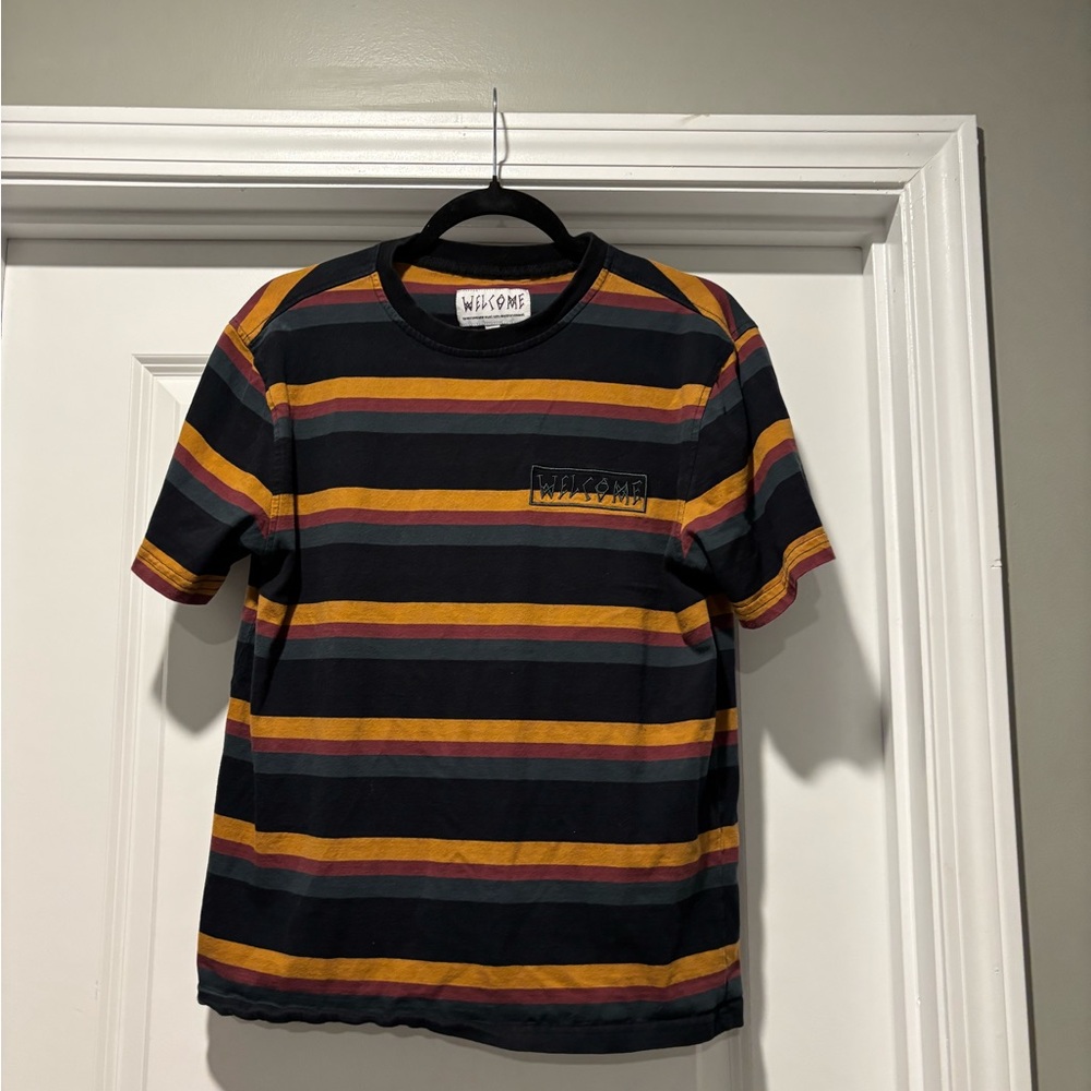 Welcome Skateboards Striped Shirt Mens Small Black Blue Short Sleeve Tshirt